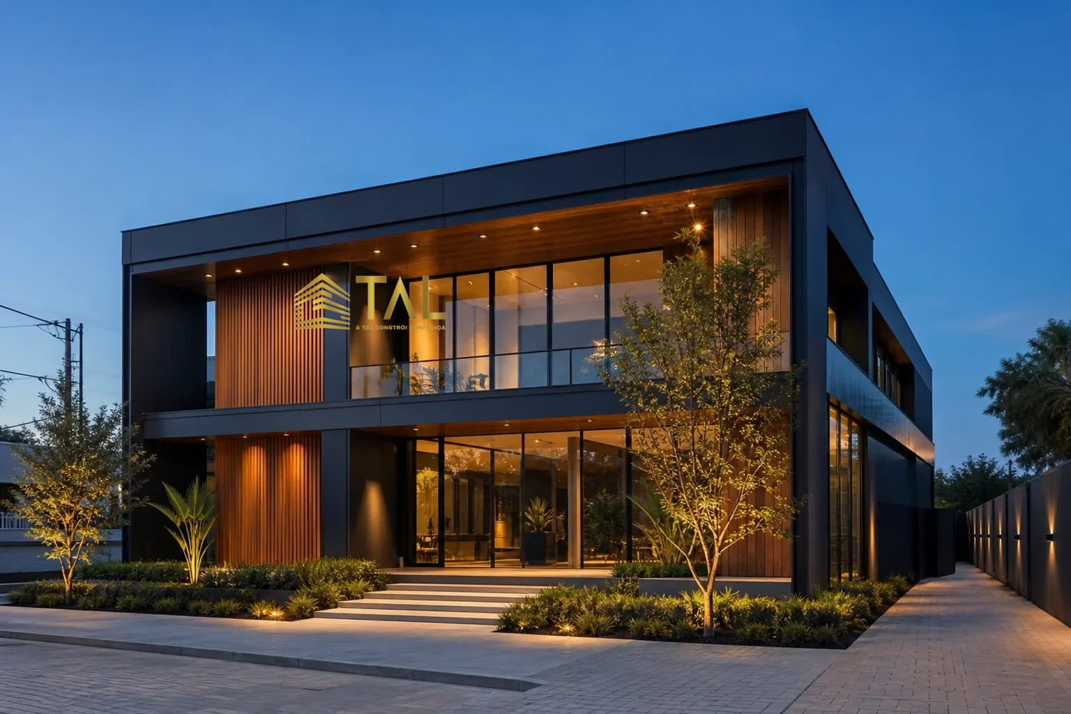 Fachada contemporânea com a marca TAL Construções e Instalações